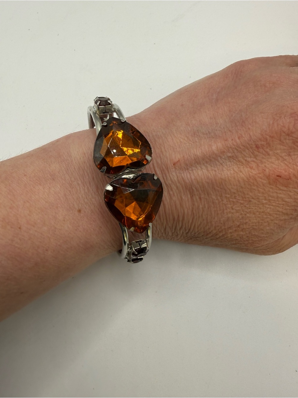 Vintage Amber Heart Rhinestone Hinged Bracelet – Silver Tone Statement Cuff - Picture 5 of 6